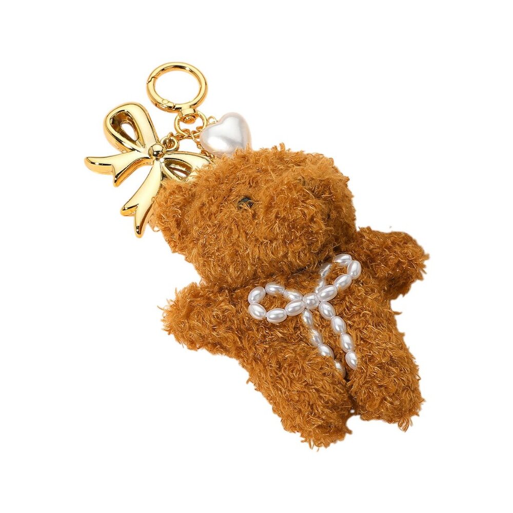 Tigerstars Brown Pearl Heart Bow Charm Teddy Bear Plush Doll Keychain Bag Charm